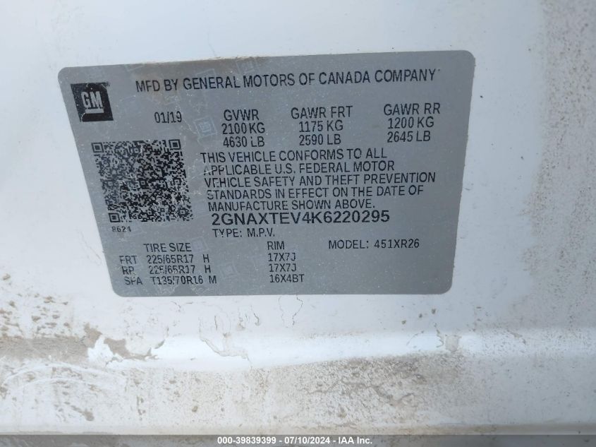 2019 Chevrolet Equinox Lt VIN: 2GNAXTEV4K6220295 Lot: 39839399