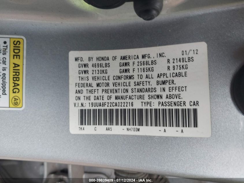 19UUA8F22CA022216 2012 Acura Tl 3.5