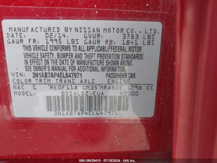 2014 Nissan Sentra Fe+ S/Fe+ Sv/S/Sl/Sr/Sv VIN: 3N1AB7AP4EL647971 Lot: 39839410