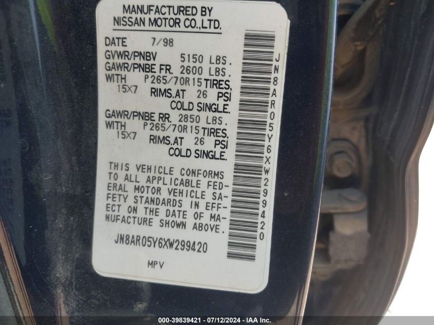 1999 Nissan Pathfinder Le/Se/Xe VIN: JN8AR05Y6XW299420 Lot: 39839421