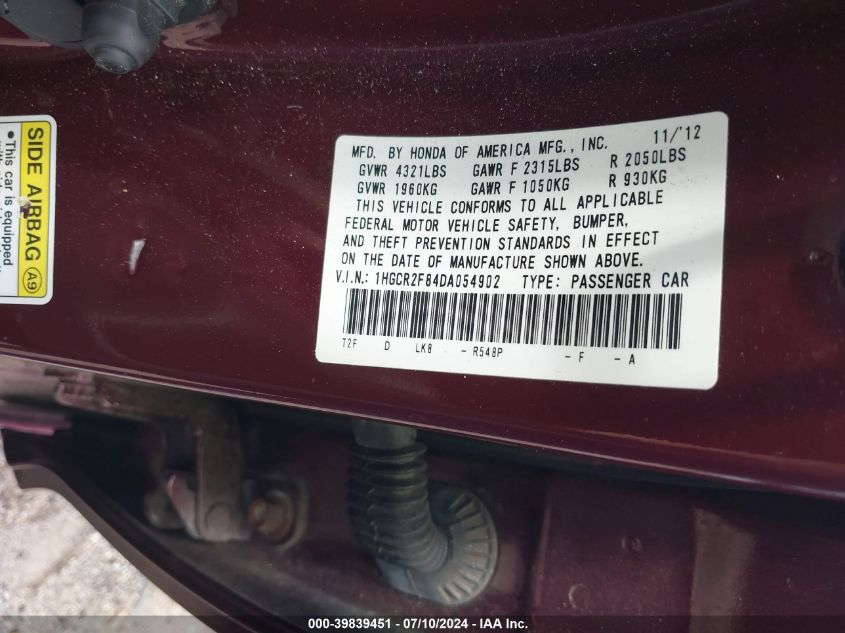 1HGCR2F84DA054902 2013 Honda Accord Ex-L