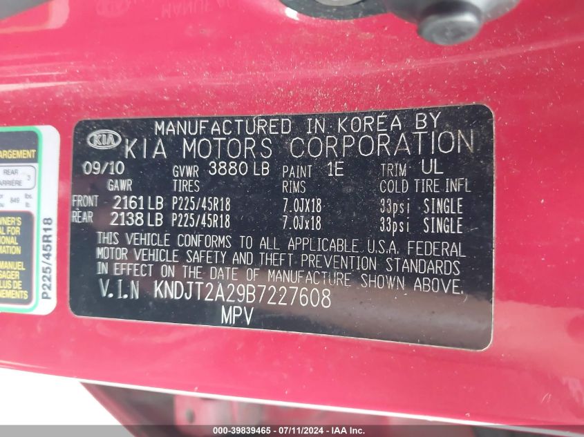 2011 Kia Soul Sport VIN: KNDJT2A29B7227608 Lot: 39839465