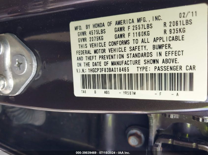 2011 Honda Accord 3.5 Ex-L VIN: 1HGCP3F83BA018465 Lot: 39839469
