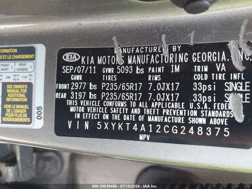 5XYKT4A12CG248375 2012 Kia Sorento Lx