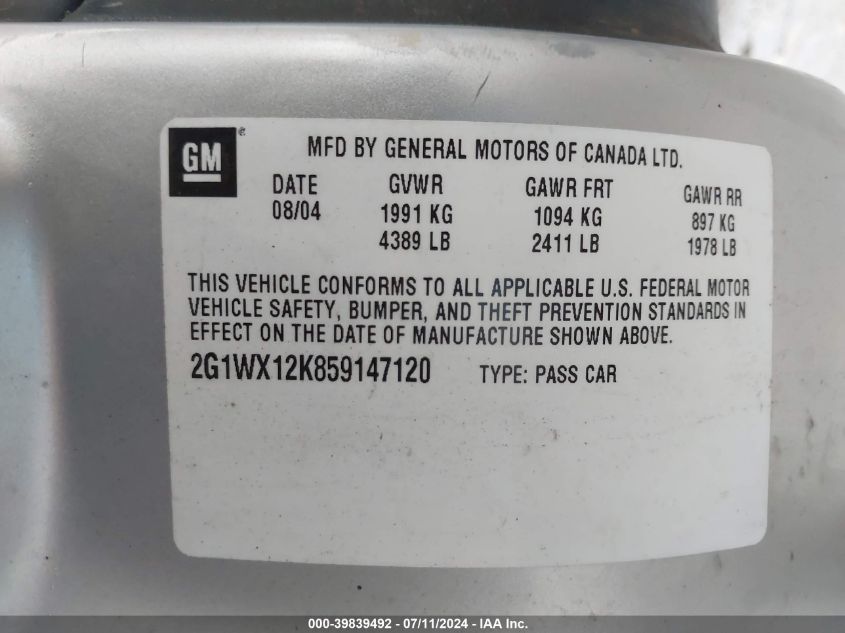 2005 Chevrolet Monte Carlo Lt VIN: 2G1WX12K859147120 Lot: 39839492