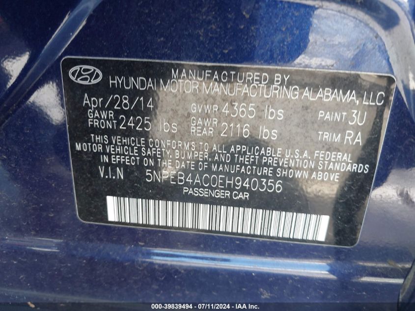 2014 Hyundai Sonata Gls VIN: 5NPEB4AC0EH940356 Lot: 39839494