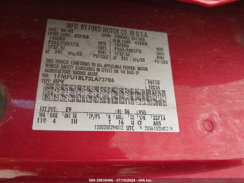 2003 Ford Expedition Eddie Bauer VIN: 1FMFU18L73LA73786 Lot: 39839496