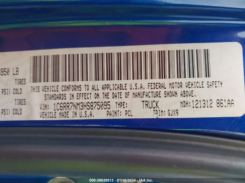 2017 Ram 1500 Laramie VIN: 1C6RR7NM3HS875095 Lot: 39839513