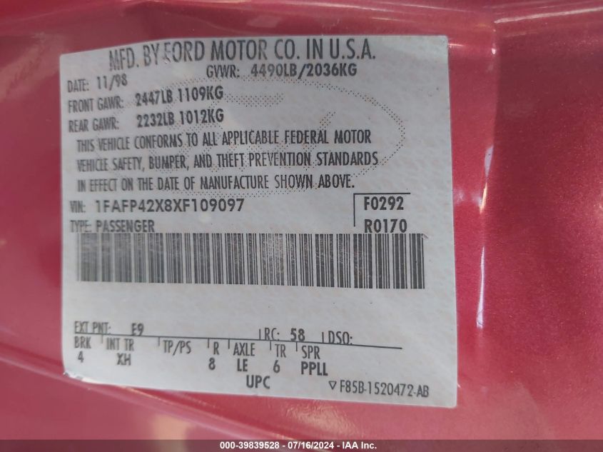 1999 Ford Mustang Gt VIN: 1FAFP42X8XF109097 Lot: 39839528