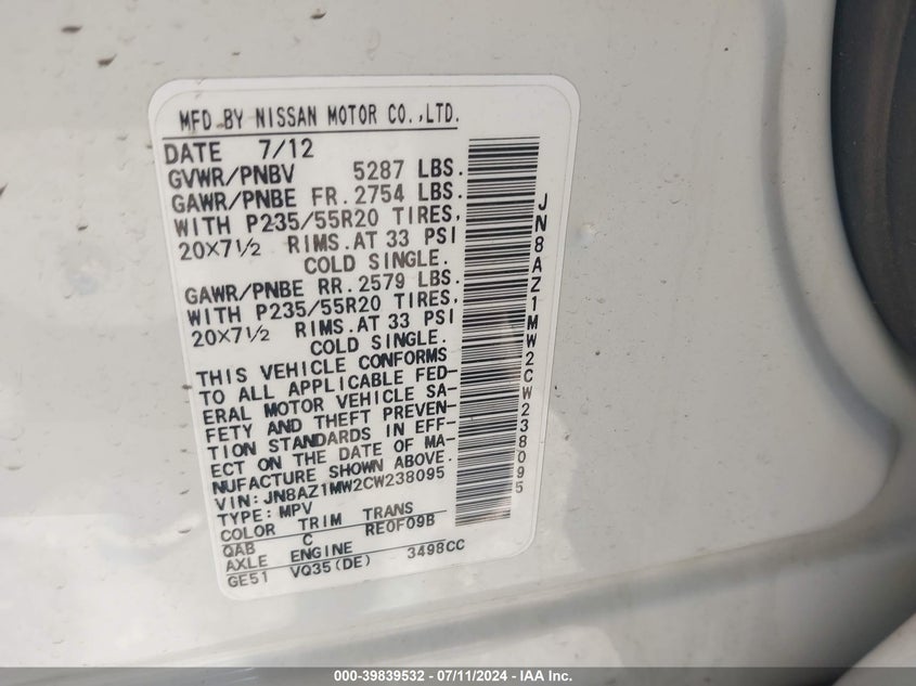 2012 Nissan Murano Le VIN: JN8AZ1MW2CW238095 Lot: 39839532