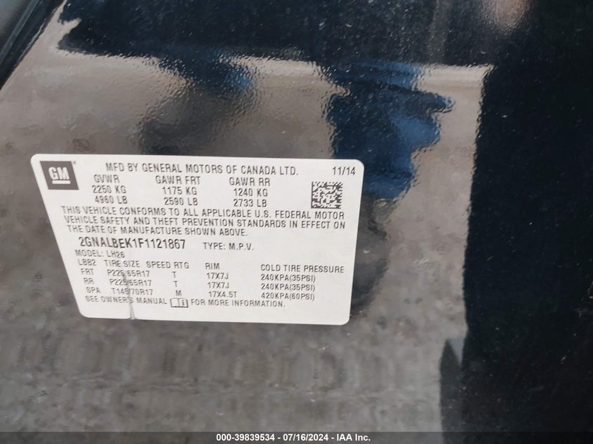 2015 CHEVROLET EQUINOX 1LT - 2GNALBEK1F1121867