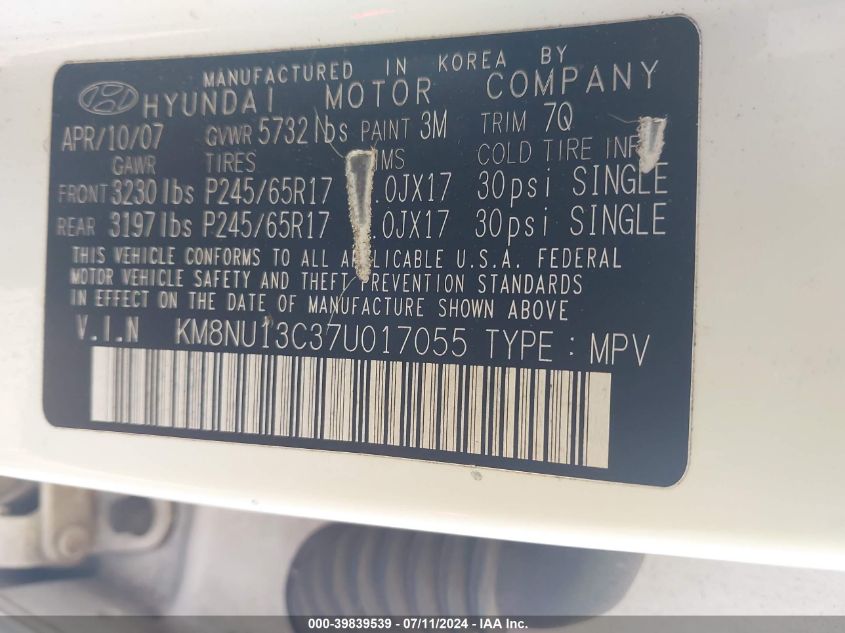 2007 Hyundai Veracruz Gls/Limited/Se VIN: KM8NU13C37U017055 Lot: 39839539