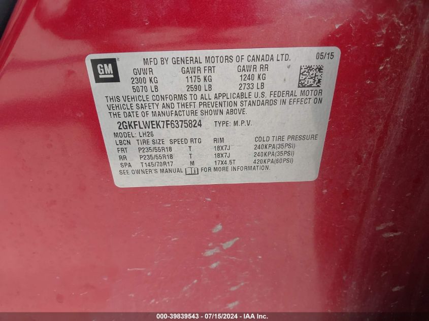 2015 GMC Terrain Sle-2 VIN: 2GKFLWEK7F6375824 Lot: 39839543