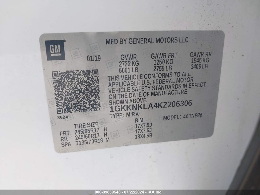 1GKKNKLA4KZ206306 2019 GMC Acadia Sle-1