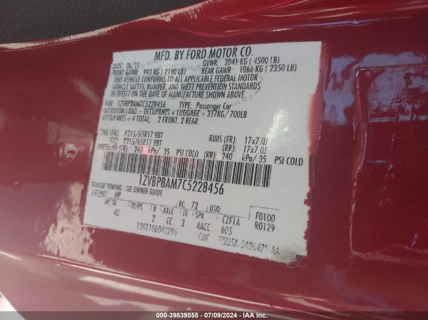 2012 Ford Mustang V6 Premium VIN: 1ZVBP8AM7C5228456 Lot: 39839555