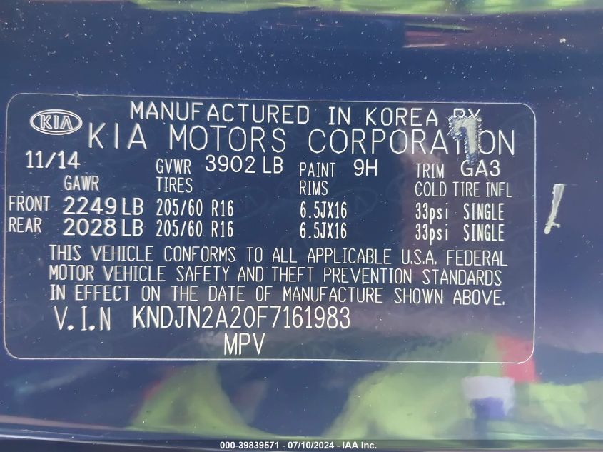 2015 Kia Soul VIN: KNDJN2A20F7161983 Lot: 39839571