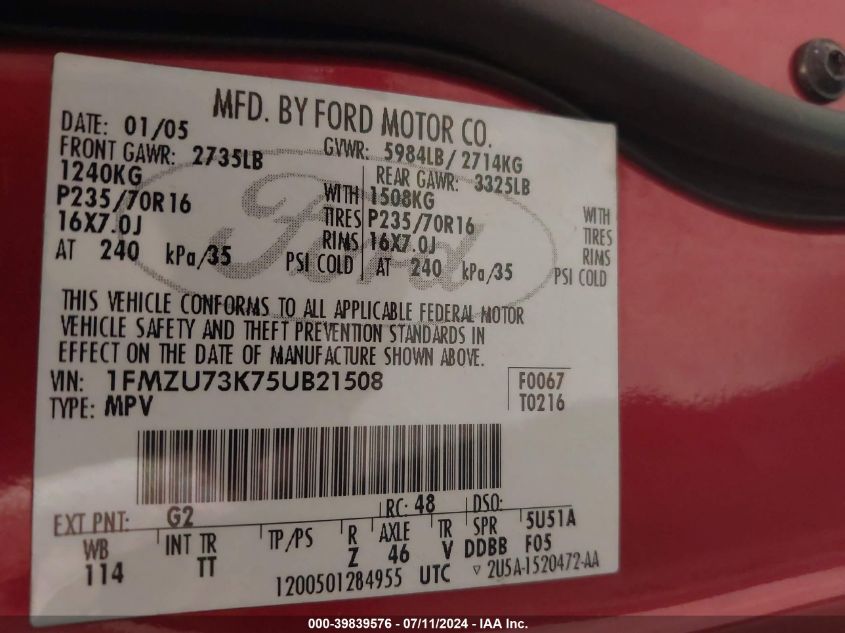 2005 Ford Explorer Xlt/Xlt Sport VIN: 1FMZU73K75UB21508 Lot: 39839576