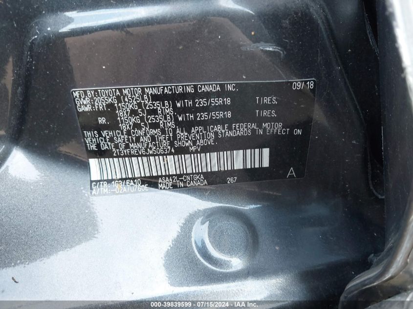 2018 Toyota Rav4 Limited VIN: 2T3YFREV6JW506374 Lot: 39839599