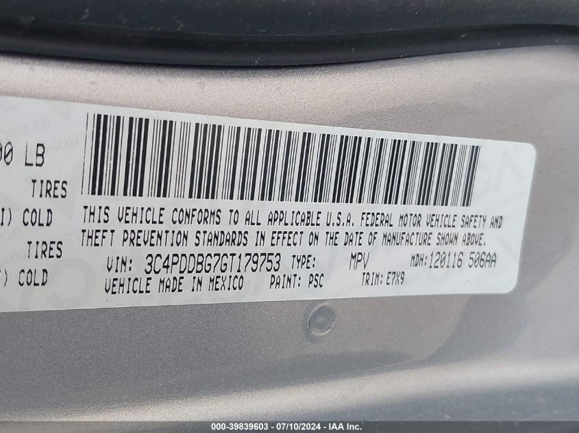 2016 Dodge Journey Sxt VIN: 3C4PDDBG7GT179753 Lot: 39839603
