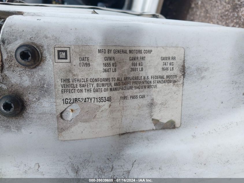 2000 Pontiac Sunfire Se VIN: 1G2JB5247Y7135348 Lot: 39839605