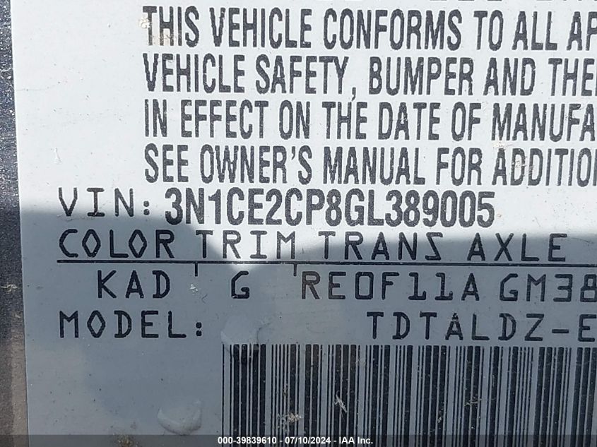 2016 Nissan Versa Note S (Sr)/S Plus/Sl/Sr/Sv VIN: 3N1CE2CP8GL389005 Lot: 39839610
