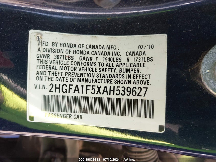 2010 Honda Civic Lx VIN: 2HGFA1F5XAH539627 Lot: 39839613