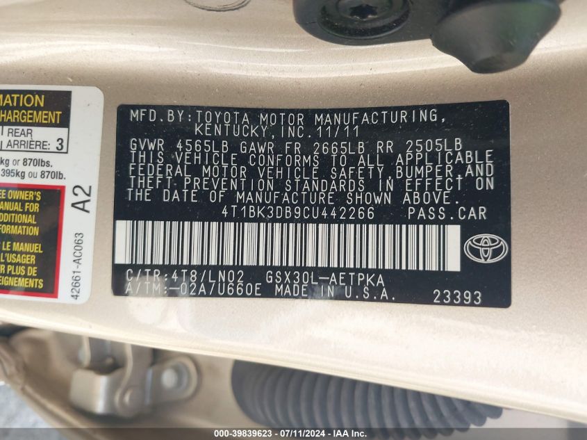 2012 Toyota Avalon Limited VIN: 4T1BK3DB9CU442266 Lot: 39839623