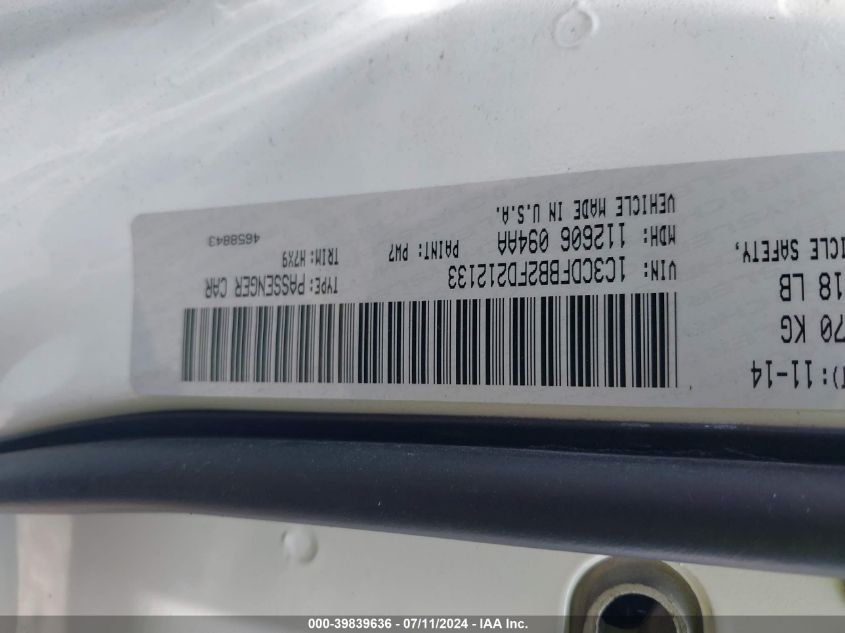 2015 Dodge Dart Sxt VIN: 1C3CDFBB2FD212133 Lot: 39839636