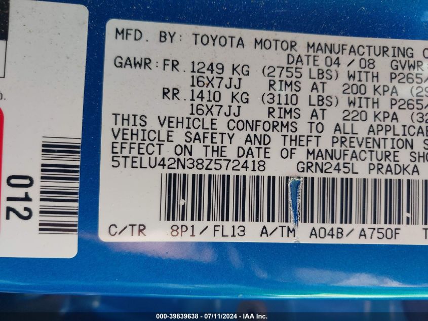2008 Toyota Tacoma Base V6 VIN: 5TELU42N38Z572418 Lot: 39839638