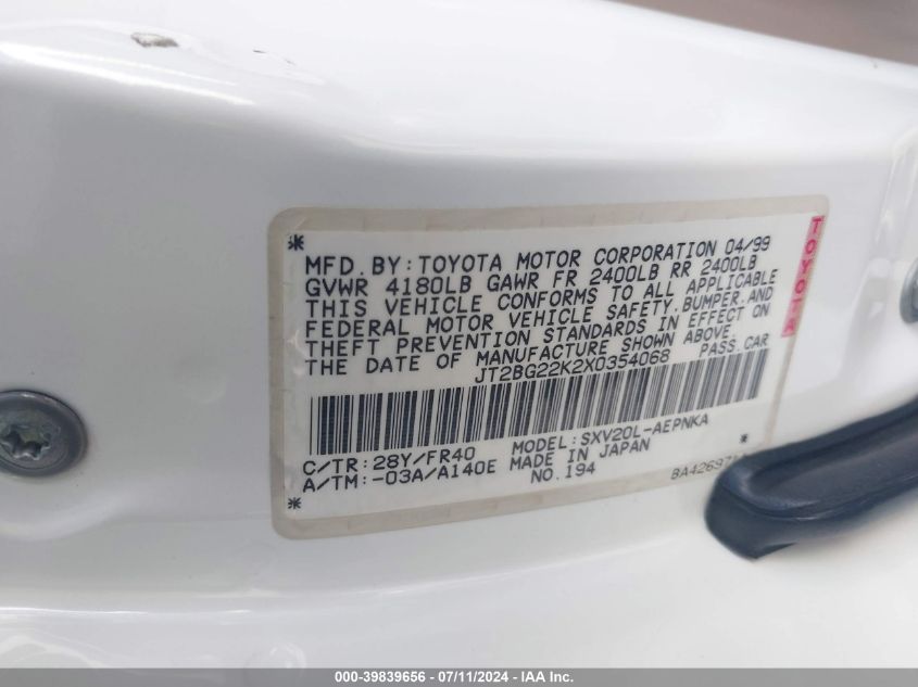 1999 Toyota Camry Le VIN: JT2BG22K2X0354068 Lot: 39839656