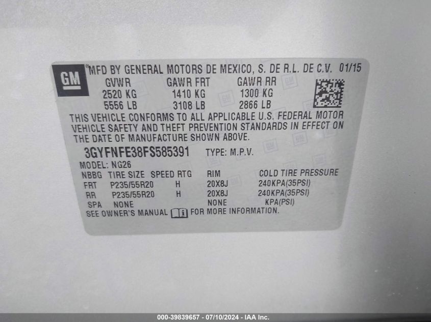 2015 Cadillac Srx Performance Collection VIN: 3GYFNFE38FS585391 Lot: 39839657