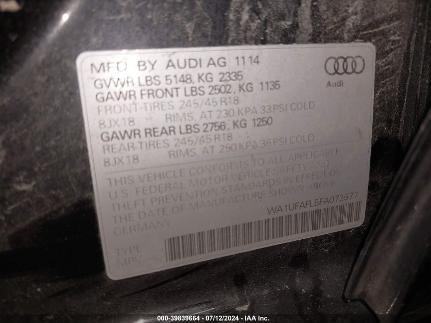 2015 AUDI ALLROAD 2.0T PREMIUM - WA1UFAFL5FA073577