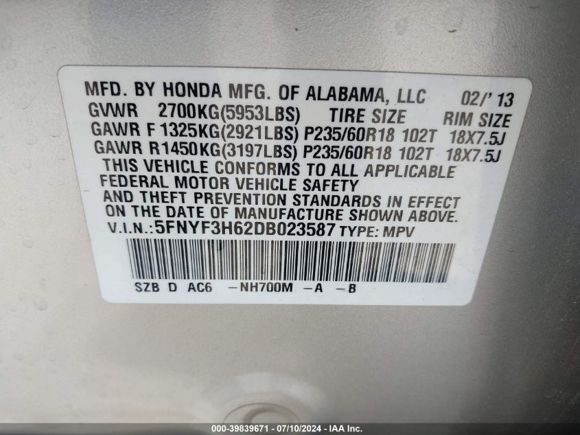 2013 Honda Pilot Ex-L VIN: 5FNYF3H62DB023587 Lot: 39839671