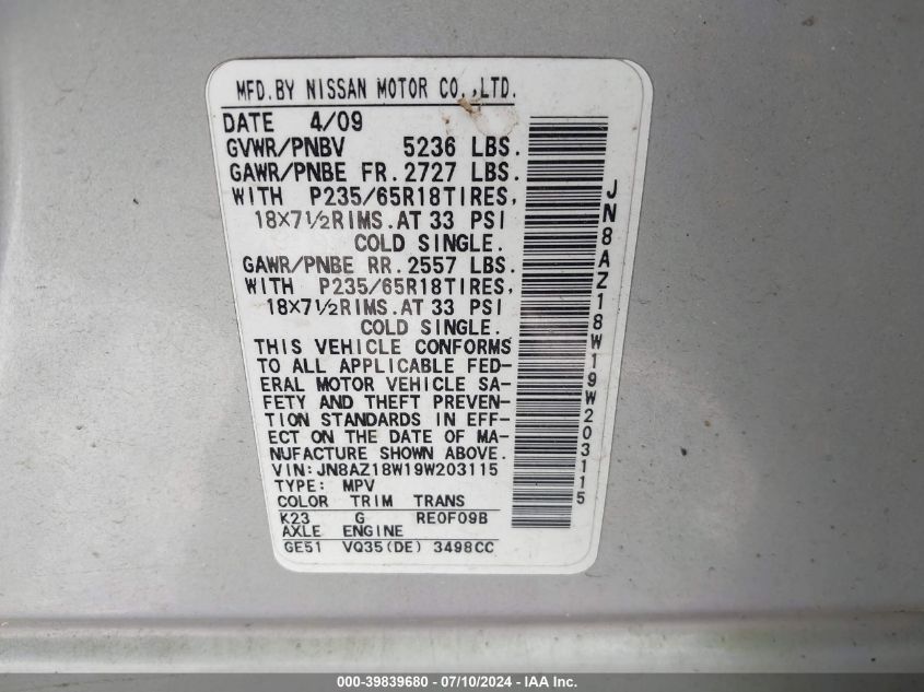 2009 Nissan Murano Sl VIN: JN8AZ18W19W203115 Lot: 39839680