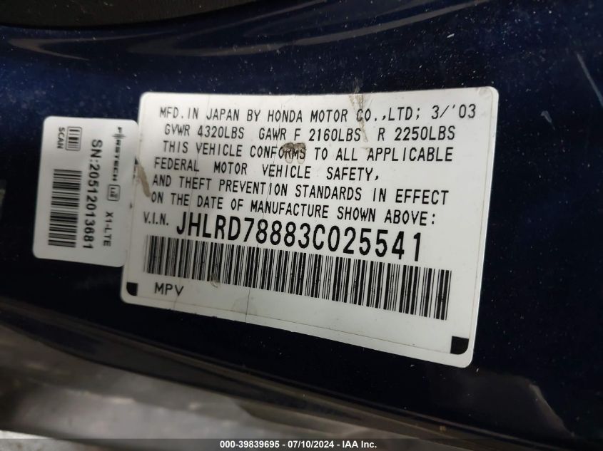 2003 Honda Cr-V Ex VIN: JHLRD78883C025541 Lot: 39839695