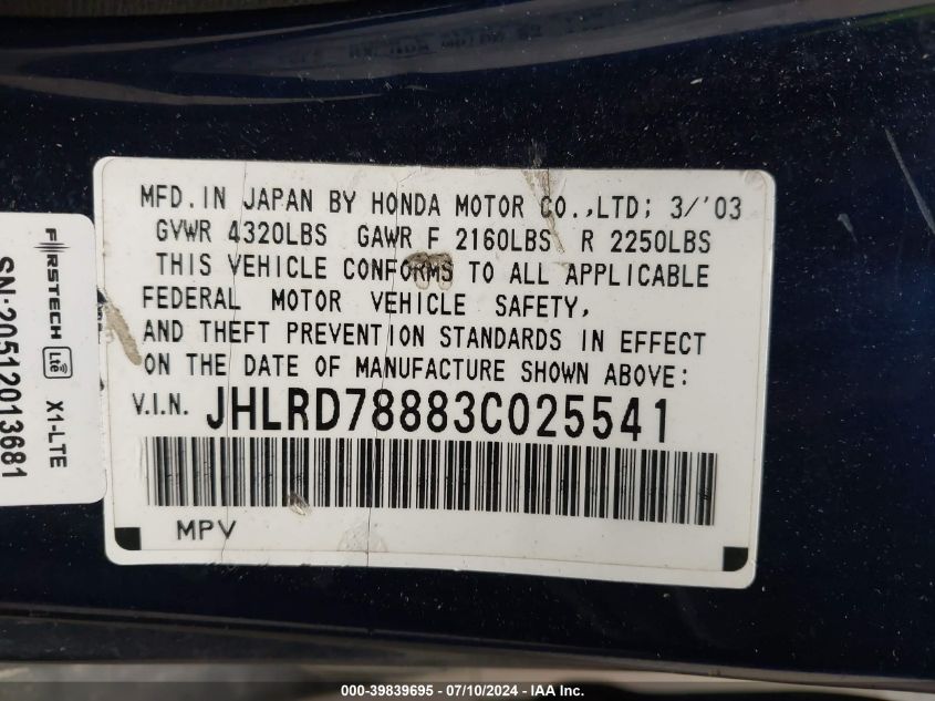 2003 Honda Cr-V Ex VIN: JHLRD78883C025541 Lot: 39839695