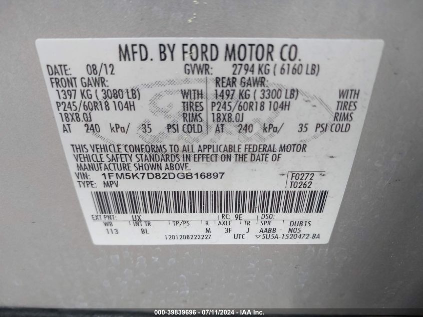 2013 Ford Explorer Xlt VIN: 1FM5K7D82DGB16897 Lot: 39839696