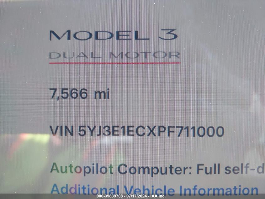 2023 Tesla Model 3 Performance Dual Motor All-Wheel Drive VIN: 5YJ3E1ECXPF711000 Lot: 39839708