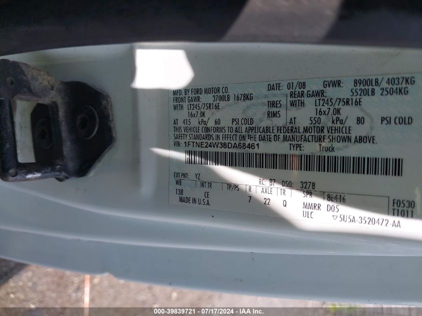2008 Ford E-250 Commercial/Recreational VIN: 1FTNE24W38DA68461 Lot: 39839721