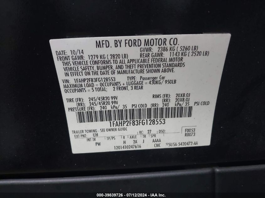 2015 Ford Taurus Limited VIN: 1FAHP2F83FG128553 Lot: 39839726