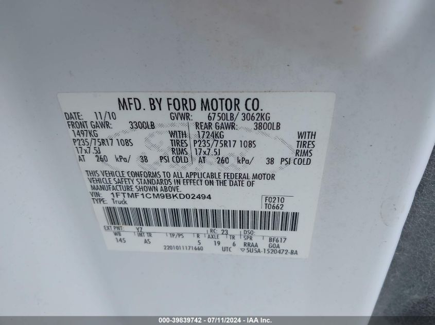 2011 Ford F-150 Xl VIN: 1FTMF1CM9BKD02494 Lot: 39839742