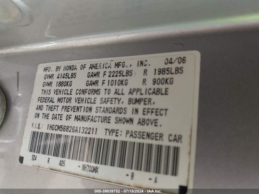 2006 Honda Accord 2.4 Ex VIN: 1HGCM56826A132211 Lot: 39839752