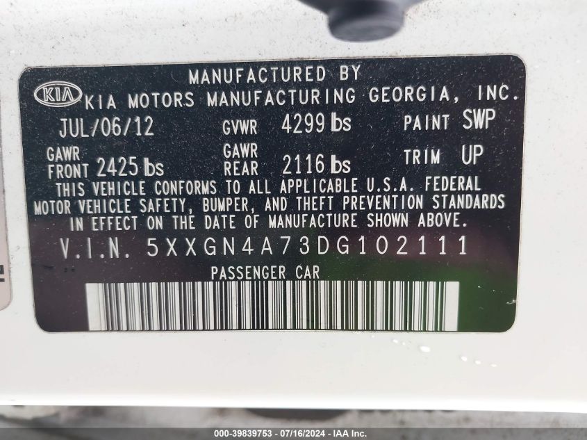 2013 Kia Optima Ex VIN: 5XXGN4A73DG102111 Lot: 39839753