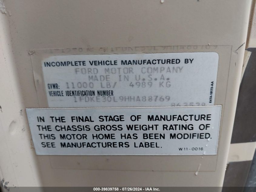 1987 Ford Econoline E350 Cutaway Van VIN: 1FDKE30L9HHA88769 Lot: 39839758