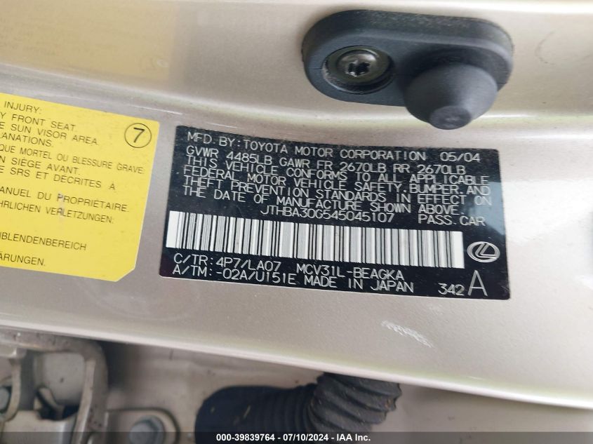 2004 Lexus Es 330 VIN: JTHBA30G545045107 Lot: 39839764