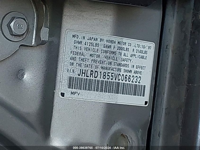 1997 Honda Cr-V VIN: JHLRD1855VC066232 Lot: 39839765