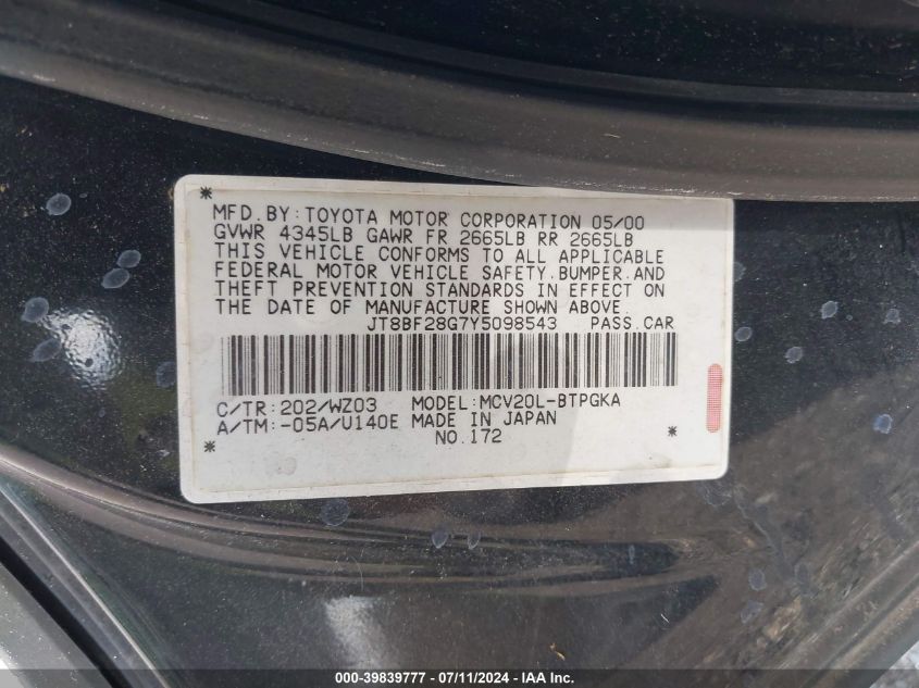 2000 Lexus Es 300 VIN: JT8BF28G7Y5098543 Lot: 39839777