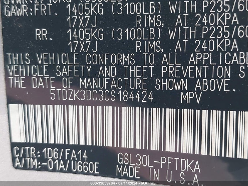 2012 Toyota Sienna Base V6 7 Passenger VIN: 5TDZK3DC3CS184424 Lot: 39839784