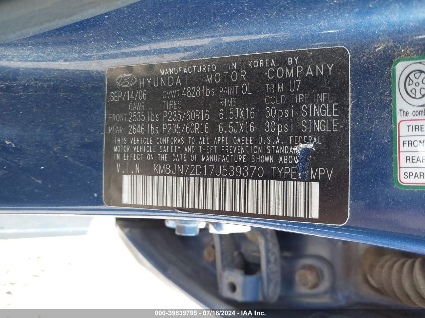 2007 Hyundai Tucson Se/Limited VIN: KM8JN72D17U539370 Lot: 39839795