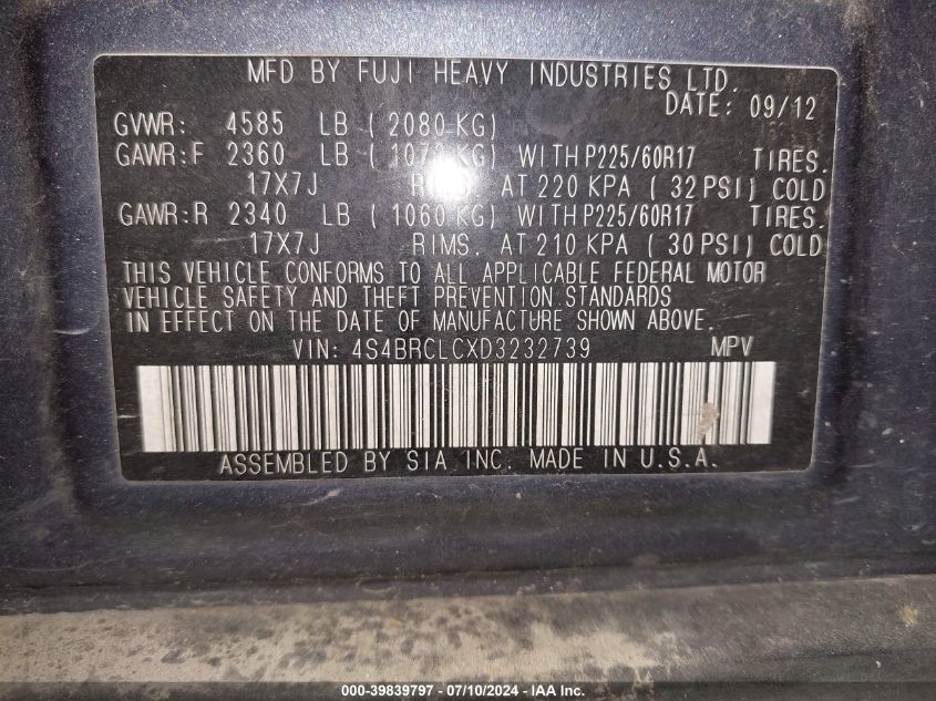 2013 Subaru Outback 2.5I Limited VIN: 4S4BRCLCXD3232739 Lot: 39839797